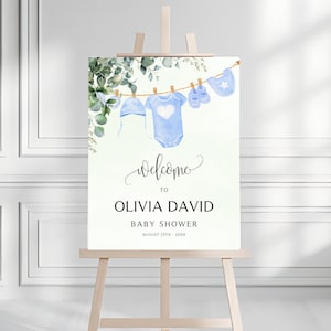 Boy Baby Shower Welcome Sign Template, Boho Boy Baby Shower, Baby boy is on his way, Gender Reveal Clothesline welcome sign Editable