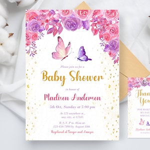 Editable Purple Butterfly Baby Shower Invitation, Butterfly Baby Shower Invitation for Girl, Purple Butterfly, Instant Download
