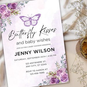 Editable Purple Butterfly Baby Shower Invitation, Butterfly Baby Shower Invitation for Girl, Purple Butterfly, Instant Download
