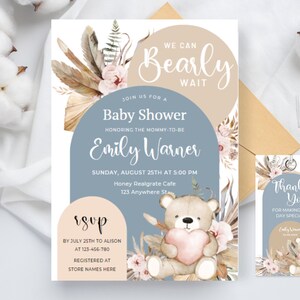 Editable We Can Bearly Wait Baby Shower Invitation, Boho Bear Baby Shower Invite, Balloon Bear Baby Shower Invite, Bear Balloons baby shower