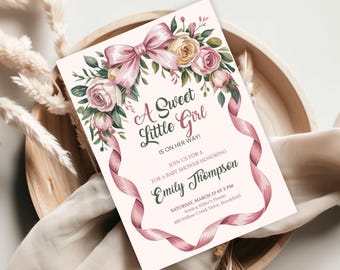 Editable Baby Shower Invitation for Girl | Pink Floral Baby Shower |A Sweet Little Girl is on Her Way | Boho Invite| Sweet Girl baby shower