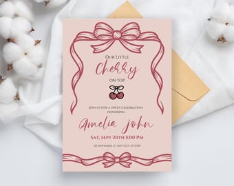 Cherry Baby Shower Invitation, Girl Theme, Editable Template (Digital Download)
