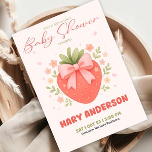Pink Bow Strawberry Baby Shower Invitation | Cute Pink Girl Baby Shower Template |  Coquette Berry Sweet  Shower Invitation | Elegant Pink