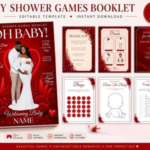 Custom Baby Shower Magazine Booklet, Editable Red Baby Shower Games Book, Personalized Activity Book, Baby Shower Magazine Template