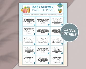 May include: A printable baby shower game card with instructions to pass the prize around the room based on different clues. The card has a blue and white background with a hot air balloon and gift boxes.