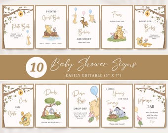 Classic Winnie the Pooh Baby Shower Sign Bundle, Photo Guestbook, Diaper Raffle Sign, Books for Baby Sign, Momosa Bar, Cards and Gifts sign