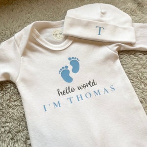 Personalised Hello World Babygrow, Hospital Outfit, Name Reveal Vest