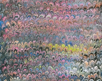 May include: Abstract artwork with a repeating pattern of stylized floral shapes. The design features a blend of colours, including pink, blue, yellow, and black, creating a textured and visually complex composition. The overall effect is reminiscent of marbled paper.