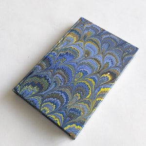 May include: A blue, yellow, and green marbled notebook with a peacock feather design.