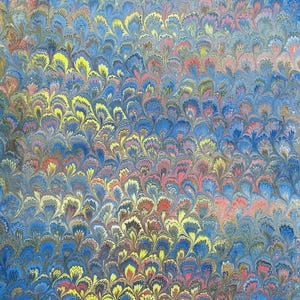 Marbled sheet of paper -bookbinding paper - decoupage paper - scrapbooking paper - Blue/yellow/red peacock pattern