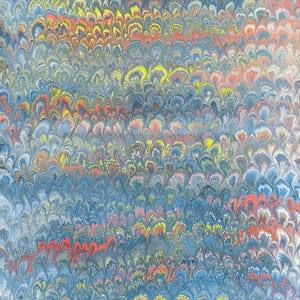Hand marbled sheet of paper - Light Blue, Pink, Yellow peacock
