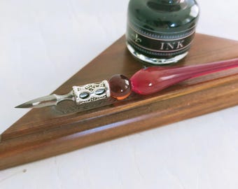 Handgemaakte dippenset van muranoglas • Metalen penpunt • Inktfles • Houten displayvoet • Kalligrafiecadeau