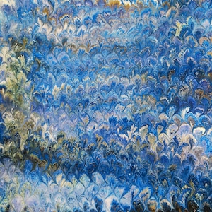 Hoja de papel jaspeada a mano - Diseño de pavo real azul/dorado
