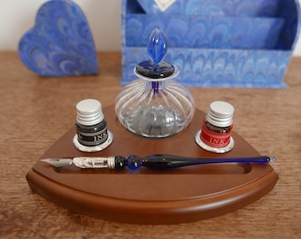 Dip glass pen set with two ink bottles and inkwell on a wooden base, Dip Sign pen, Fine Glass Calligraphy Pen set