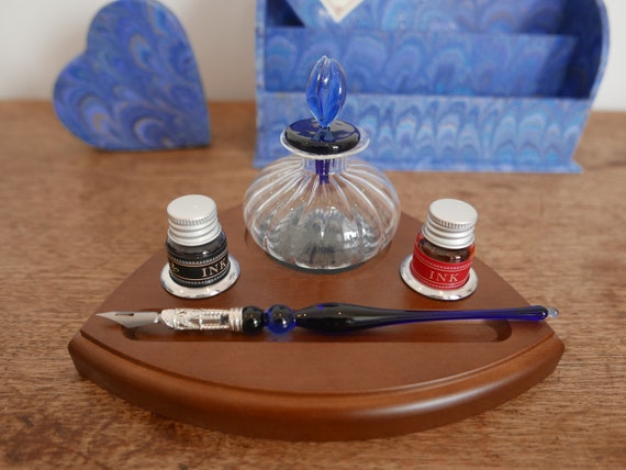 Murano Glass Dip Pen, Inkwell/pen Holder and Ink Bottle Set. Glass Inkwell  for Calligraphy Dip Pens and Quills, Desk Ink Well and Pen Set 