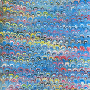 May include: Abstract pattern with a blue background and a repeating teardrop design in various colors. The pattern includes shades of blue, yellow, red, and white, creating a visually dynamic and textured effect. The overall design is reminiscent of marbled paper.