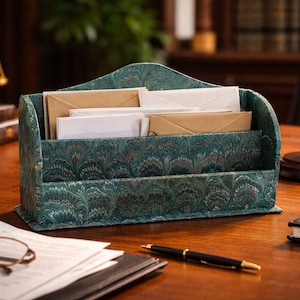 Hand-Marbled Wooden Letter Rack – Peacock Pattern, Handmade Italian Desk Accessory