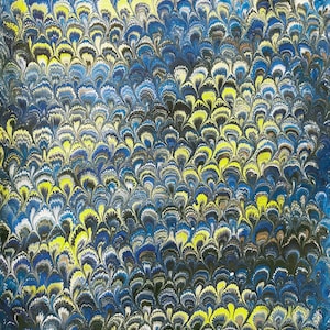 Hand marbled sheet of paper - midnight blue and yellow bookbinding paper - decoupage paper - scrapbooking paper