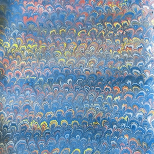 Hand marbled sheet of paper -bookbinding paper - decoupage paper - scrapbooking paper - Blue and Yellow Peacock pattern