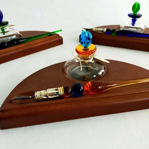 Set di penne in vetro con calamaio su base in legno, penna Dip Sign, set di penne per calligrafia in vetro pregiato