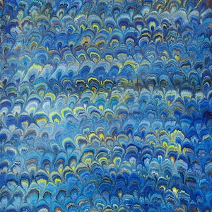 Hand marbled sheet of paper -bookbinding paper - decoupage paper - scrapbooking paper - blue, green, gold, yellow peacock