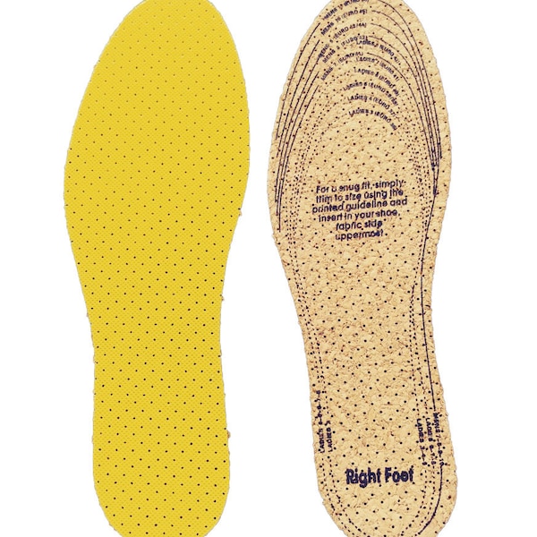 Cork insoles with bright yellow cloth stitched on top. Unisex Cork Insoles,  all size ranges and lightweight, Sweat Absorb Insoles