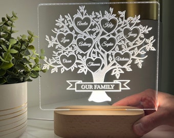 Noms d'arbre généalogique Lampe LED pour maman, cadeau d'anniversaire pour les parents, fête des mères, pour les familles de grands-parents, cadeaux d'enfants et de petits-enfants