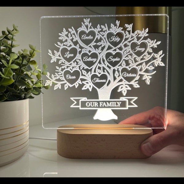 Noms d'arbre généalogique Lampe LED pour maman, cadeau d'anniversaire pour les parents, fête des mères, pour les familles de grands-parents, cadeaux d'enfants et de petits-enfants