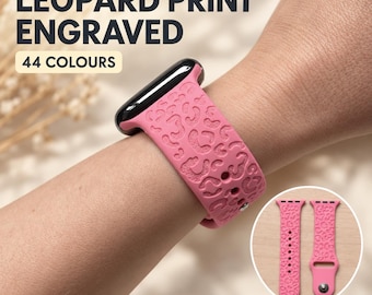 Leopard Print Apple Watch Strap, Engraved Silicone Watch Band, Gift for Her