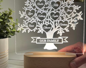 Personalised Family Tree Lamp, Custom Names LED Light, Gift for Mum, Nan or Grandparents