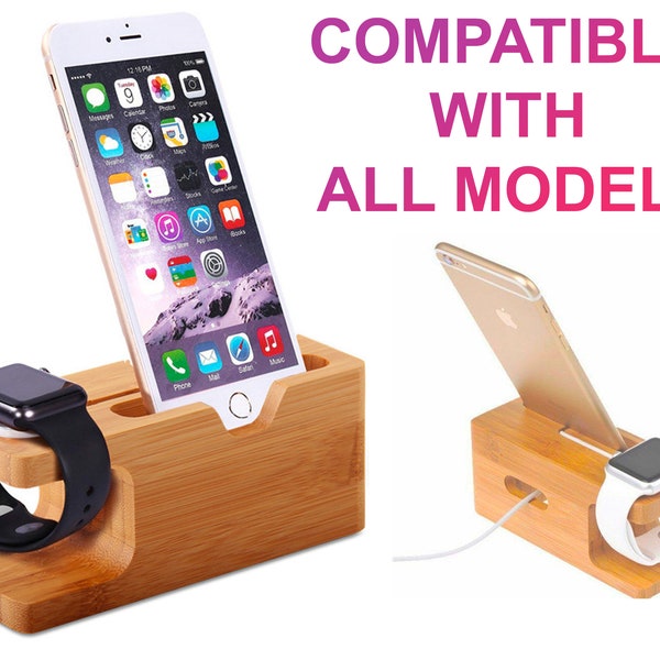 Charging Dock Personalised Gift Bamboo For Apple Watch and iPhone Charging Station Organiser Night Stand And Charging Dock