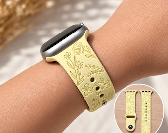 Apple Watch Armband mit Wildblumenmuster, graviertes Silikonarmband, florales Boho-Geschenk