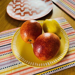 Set of 2 printed placemats-Orange woven stripe print, cork backed placemats