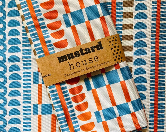 Blue & Orange Mid-Century Modern Tea Towel: Half Panama Cotton