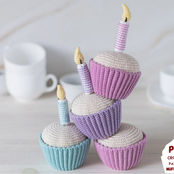 Modèle de cupcake au crochet d'anniversaire, modèle de nourriture au crochet pour la décoration de fête, modèle de gâteau d'anniversaire au crochet, cupcake Amigurumi, cadeaux au crochet pdf