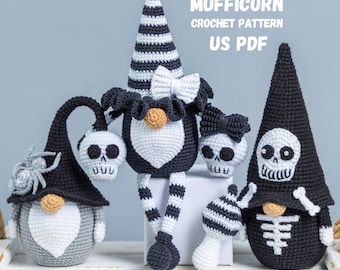 May include: Four crocheted Halloween gnomes, each with a different skull design. The gnomes are wearing black and white striped hats and have white beards. The text "MUFFICORN CROCHET PATTERN US PDF" is displayed above the gnomes.