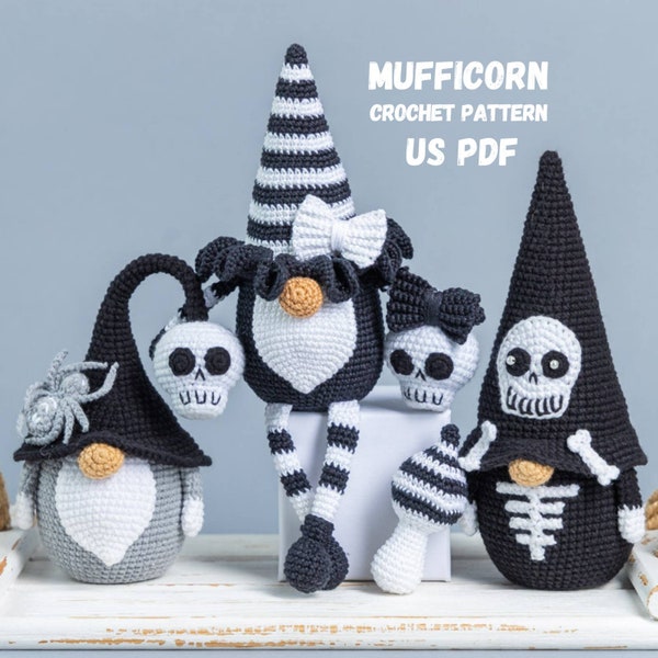 Ensemble de modèles d'Halloween au crochet : Gnome d'Halloween au crochet avec crâne et araignée, crâne et champignons porte-clés au crochet, squelette au crochet