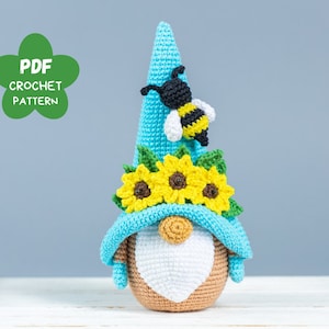 Crochet patterns Gnome with Bee and crochet flowers, Crochet bee pattern, Gnome amigurumi pattern, Crochet gnome pattern, Easter decorations