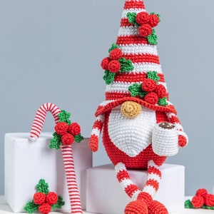 Crochet patterns Christmas gnome with candy cane, Christmas amigurumi gnome pattern, Crochet ornaments, Christmas crochet gnome pattern image 4