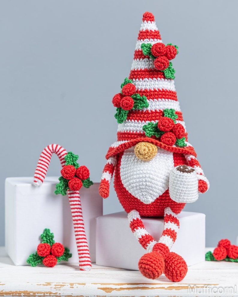 Crochet patterns Christmas gnome with candy cane, Christmas amigurumi gnome pattern, Crochet ornaments, Christmas crochet gnome pattern image 4