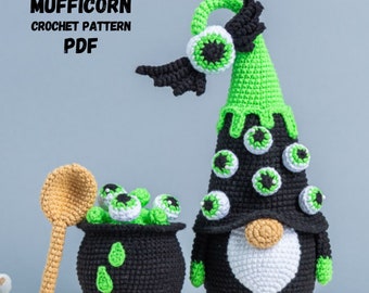 Crochet Halloween pattern gnome with eyes and potion, Halloween Gnome crochet pattern, Halloween crochet monster pattern, Creepy cute decor