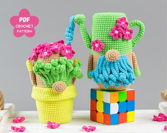 Crochet patterns Garden Gnomes, Crochet gnome patterns, Crochet flowers pattern, Flower pot and Watering can Gnomes amigurumi pattern