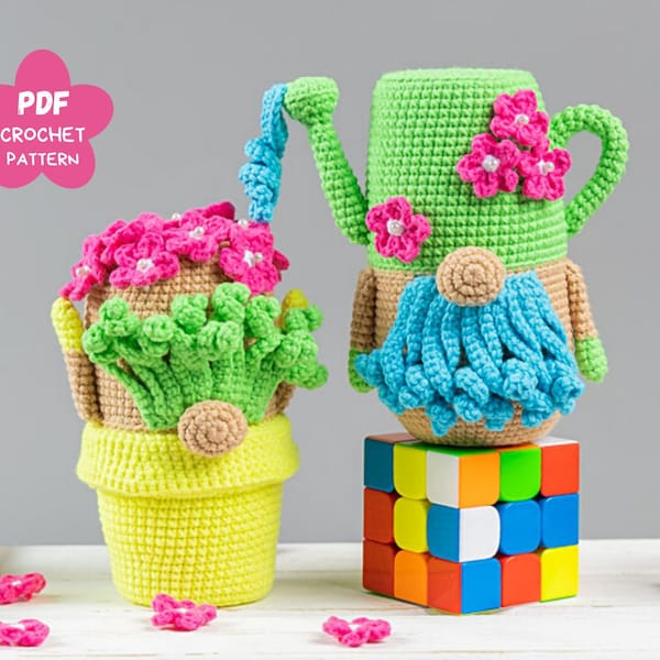 Crochet patterns Garden Gnomes, Crochet gnome patterns, Crochet flowers pattern, Flower pot and Watering can Gnomes amigurumi pattern