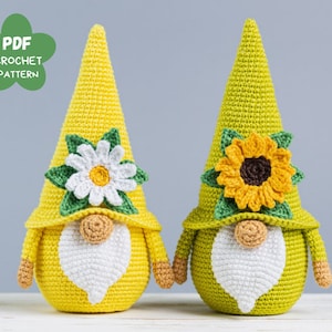 Crochet patterns sunflower and daisy gnome, Mothers day Crochet pattern, Garden Gnomes amigurumi pattern, Crochet flowers gnome pattern
