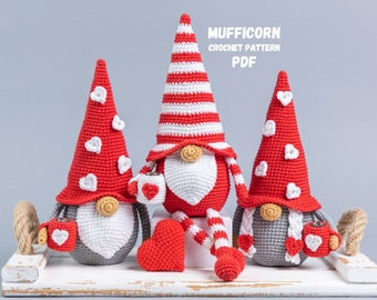 Crochet patterns bundle gnomes with cups and crochet hearts, Crochet gnome amigurumi pattern, Crochet valentine gnome patterns, Crochet gift