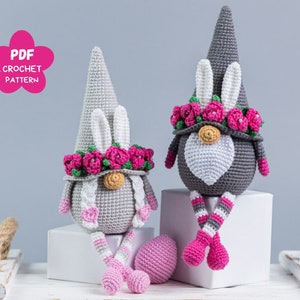 Easter Crochet patterns bunny gnomes, Crochet bunny amigurumi pattern, Crochet animals patterns, Crochet Easter decor, Crochet flowers