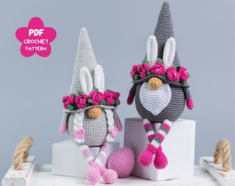 Easter Crochet patterns bunny gnomes, Crochet bunny amigurumi pattern, Crochet animals patterns, Crochet Easter decor, Crochet flowers