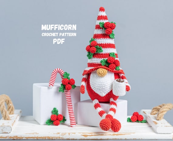 Crochet patterns Christmas gnome with candy cane, Christmas amigurumi gnome pattern, Crochet ornaments, Christmas crochet gnome pattern