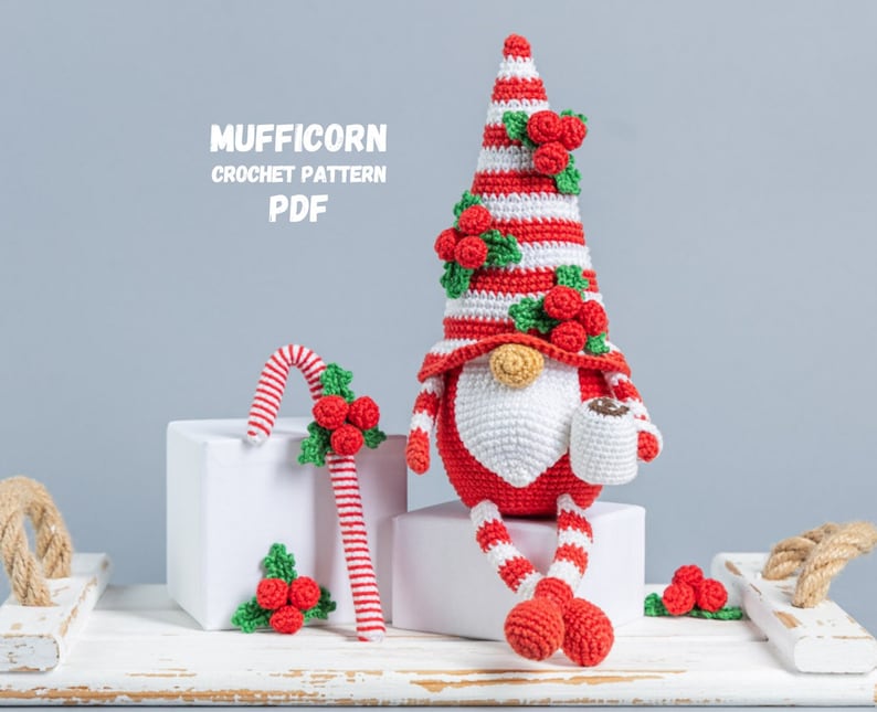 Crochet patterns Christmas gnome with candy cane, Christmas amigurumi gnome pattern, Crochet ornaments, Christmas crochet gnome pattern image 1