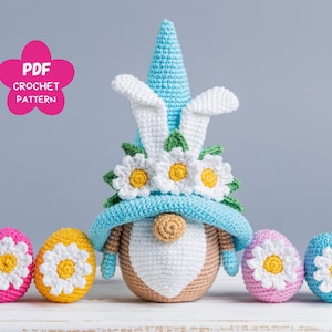 Crochet patterns Easter bunny with crochet flowers, Crochet bunny amigurumi pattern, Crochet Easter gnomes patterns, Crochet Easter gift image 1